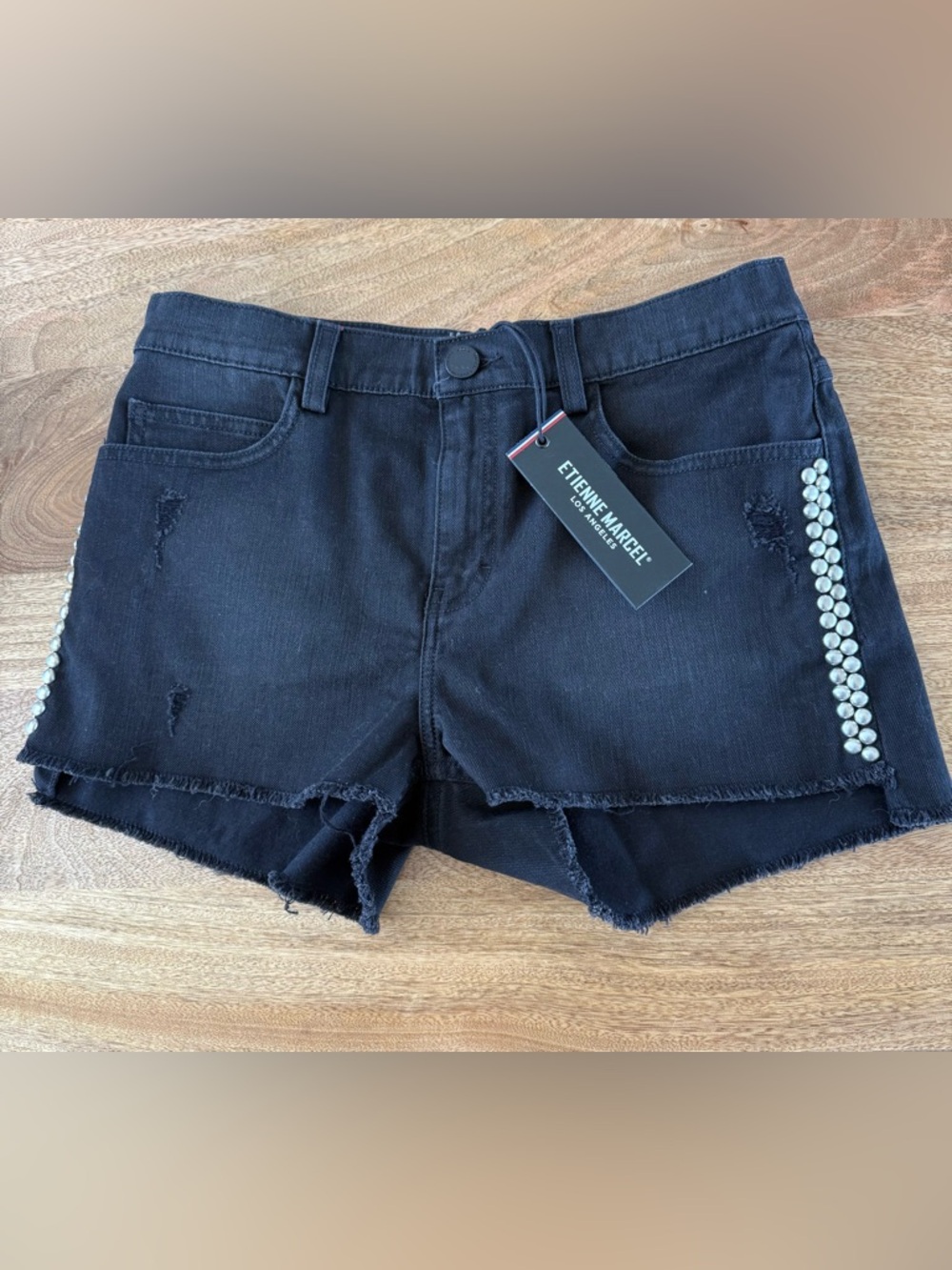 NWT high end  Etienne Marcel Black Frayed Denim Shorts with studded detail